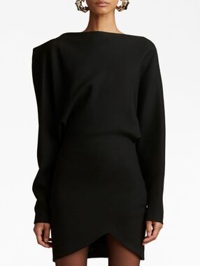 KHAITE Juniper Draped Neckline Long Sleeve Mini Dress Black US 4 Org $1,480
